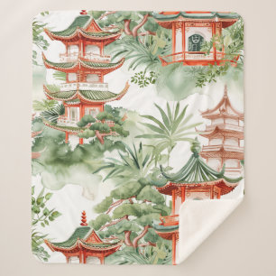 Watercolor Asian Pagoda in Verdant Landscape (3) Sherpa Blanket