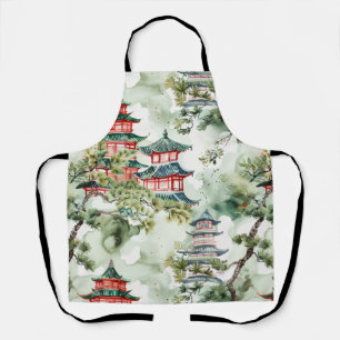 Watercolor Asian Pagoda in Verdant Landscape (4) Apron