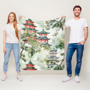 Watercolor Asian Pagoda in Verdant Landscape (4) Fleece Blanket