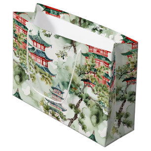 Watercolor Asian Pagoda in Verdant Landscape (4) Large Gift Bag