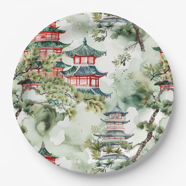 Watercolor Asian Pagoda in Verdant Landscape (4) Paper Plate (Front)