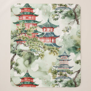 Watercolor Asian Pagoda in Verdant Landscape (4) Sherpa Blanket