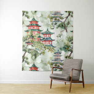 Watercolor Asian Pagoda in Verdant Landscape (4) Tapestry