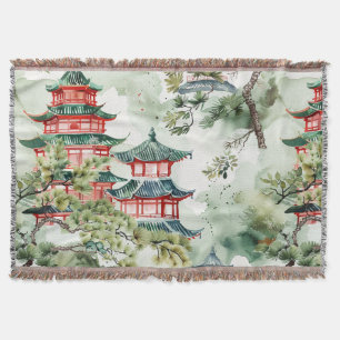 Watercolor Asian Pagoda in Verdant Landscape (4) Throw Blanket