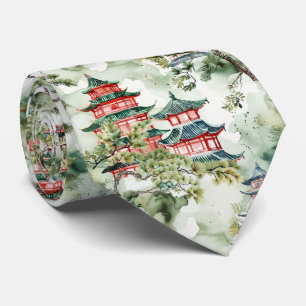 Watercolor Asian Pagoda in Verdant Landscape (4) Tie
