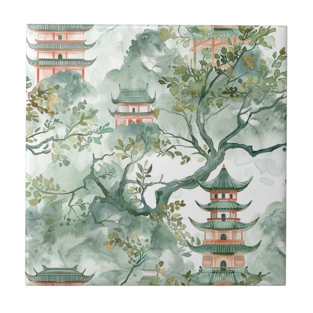 Watercolor Asian Pagoda in Verdant Landscape (5) Ceramic Tile (Front)