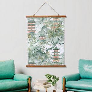 Watercolor Asian Pagoda in Verdant Landscape (5) Hanging Tapestry