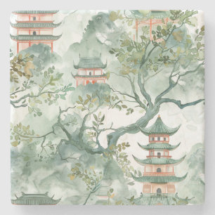 Watercolor Asian Pagoda in Verdant Landscape (5) Stone Coaster