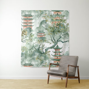Watercolor Asian Pagoda in Verdant Landscape (5) Tapestry