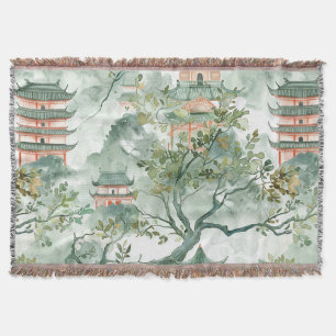 Watercolor Asian Pagoda in Verdant Landscape (5) Throw Blanket