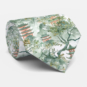 Watercolor Asian Pagoda in Verdant Landscape (5) Tie