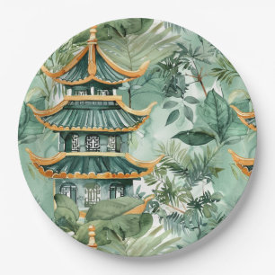 Watercolor Asian Pagoda in Verdant Landscape (6) Paper Plate