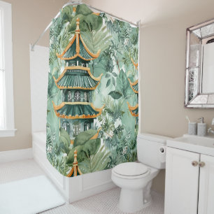 Watercolor Asian Pagoda in Verdant Landscape (6) Shower Curtain