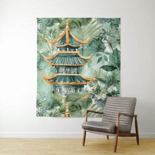 Watercolor Asian Pagoda in Verdant Landscape (6) Tapestry