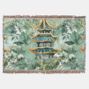 Watercolor Asian Pagoda in Verdant Landscape (6) Throw Blanket