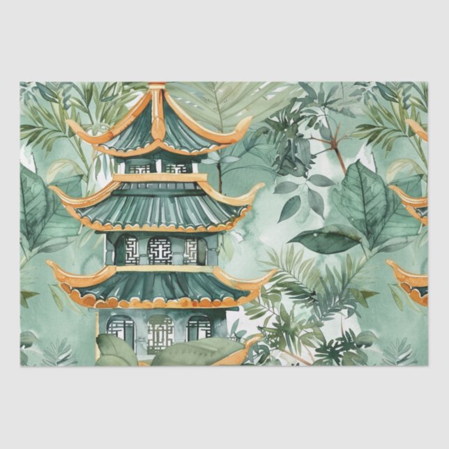 Watercolor Asian Pagoda in Verdant Landscape (6) Tissue Paper (Front)