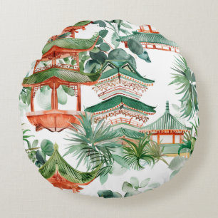 Watercolor Asian Pagoda in Verdant Landscape (7) Round Cushion