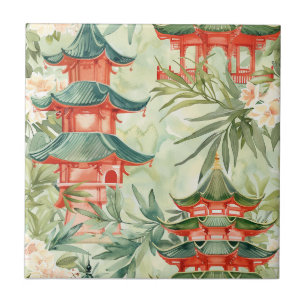 Watercolor Asian Pagoda in Verdant Landscape (8) Ceramic Tile