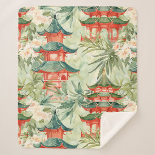 Watercolor Asian Pagoda in Verdant Landscape (8) Sherpa Blanket