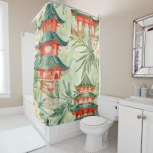 Watercolor Asian Pagoda in Verdant Landscape (8) Shower Curtain