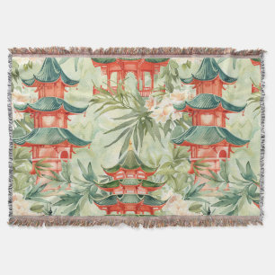 Watercolor Asian Pagoda in Verdant Landscape (8) Throw Blanket
