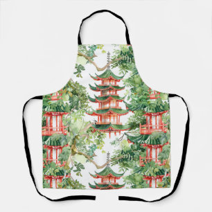 Watercolor Asian Pagoda in Verdant Landscape (9) Apron