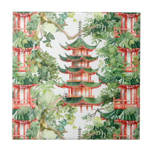 Watercolor Asian Pagoda in Verdant Landscape (9) Ceramic Tile