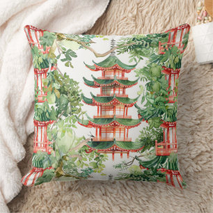 Watercolor Asian Pagoda in Verdant Landscape (9) Cushion