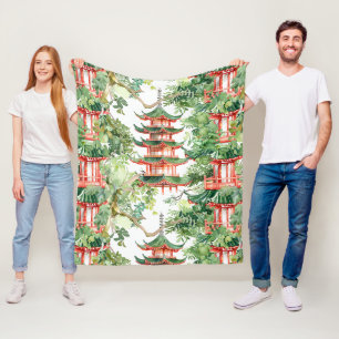 Watercolor Asian Pagoda in Verdant Landscape (9) Fleece Blanket