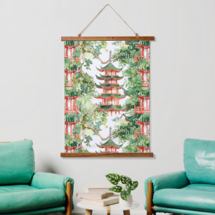 Watercolor Asian Pagoda in Verdant Landscape (9) Hanging Tapestry