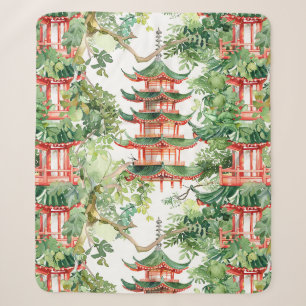 Watercolor Asian Pagoda in Verdant Landscape (9) Sherpa Blanket