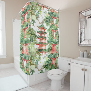 Watercolor Asian Pagoda in Verdant Landscape (9) Shower Curtain
