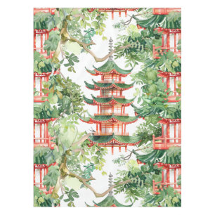 Watercolor Asian Pagoda in Verdant Landscape (9) Tablecloth