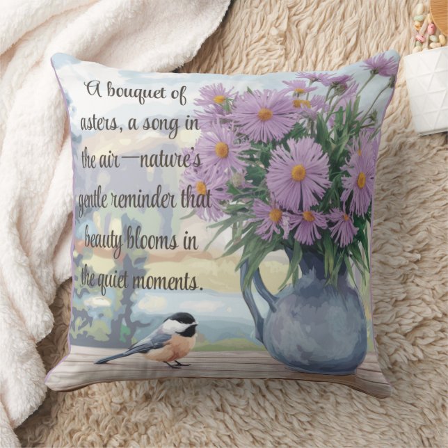 Watercolor Asters and Chickadee Quote Throw Pillow (Blanket)