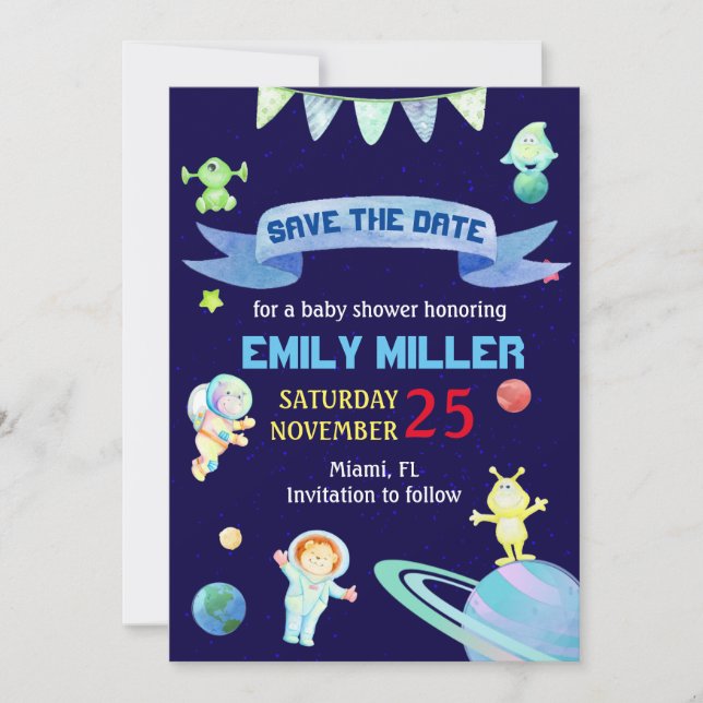 Watercolor Astronaut Planets Save the Date (Front)