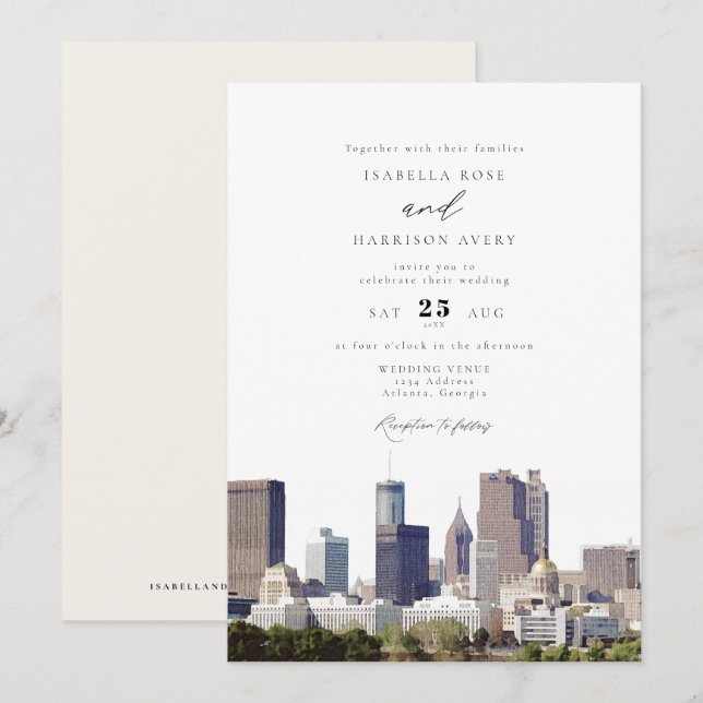 Watercolor Atlanta Georgia Skyline Wedding Invitation (Front/Back)