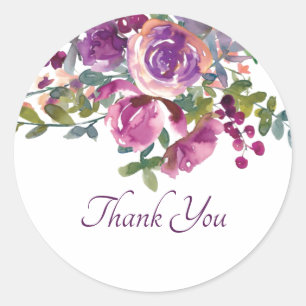 Watercolor Aubergine purple floral Thank You  Clas Classic Round Sticker