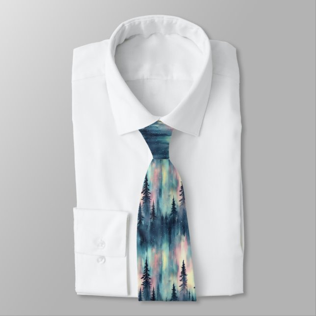 Watercolor Aurora Borealis Forest (2) Tie (Tied)