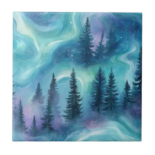 Watercolor Aurora Borealis Forest Ceramic Tile
