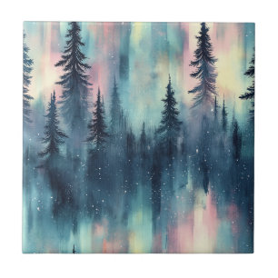 Watercolor Aurora Borealis Forest Ceramic Tile