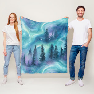 Watercolor Aurora Borealis Forest Fleece Blanket