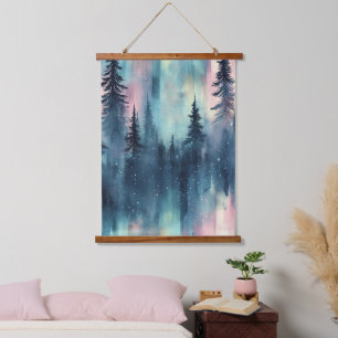 Watercolor Aurora Borealis Forest Hanging Tapestry