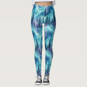 Watercolor Aurora Borealis Forest Leggings