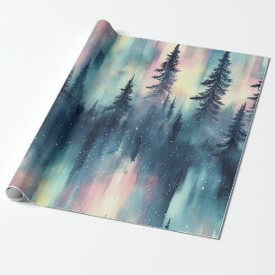 Watercolor Aurora Borealis Forest Wrapping Paper