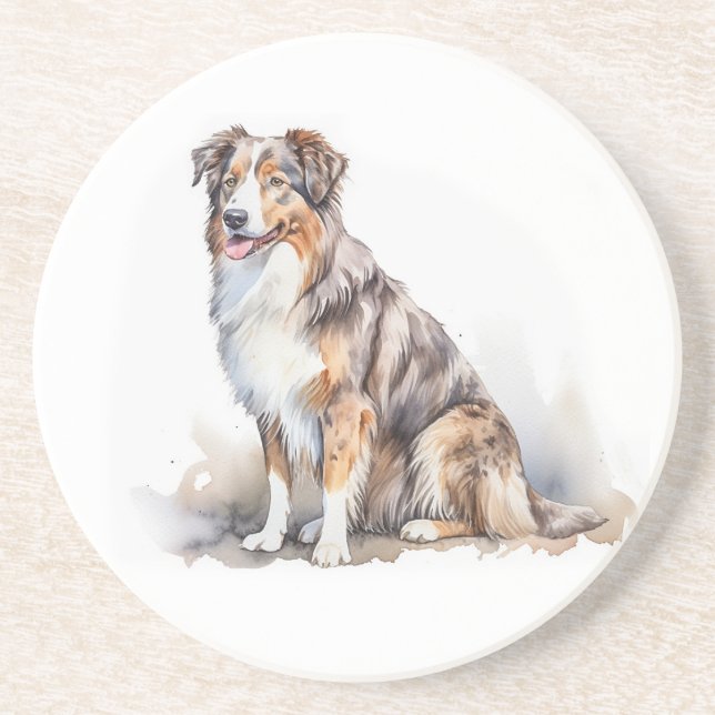 Watercolor Australian Shepherd Coaster (Front)