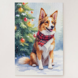 Watercolor Australian Shepherd Glowing Christmas Jigsaw Puzzle