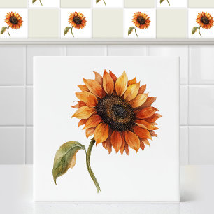 Watercolor Autumn Beauty Orange Sunflower Floral Ceramic Tile