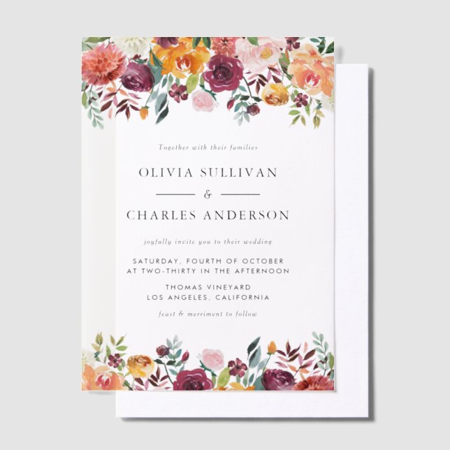Watercolor Autumn Blooms Botanical Fall Wedding Vellum Invitations (Offset)