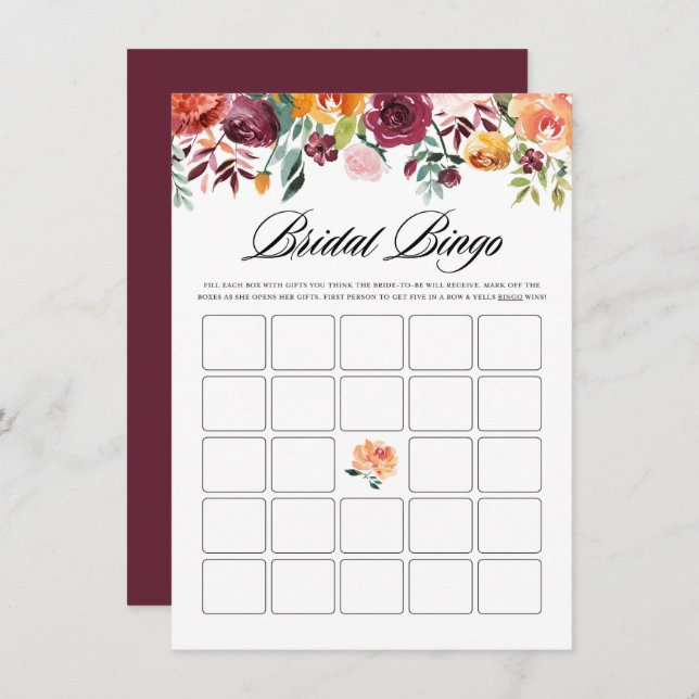 Watercolor Autumn Blooms Bridal Bingo Shower Game Enclosure Card (Front/Back)