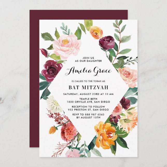 Watercolor Autumn Blooms Diamond Frame Bat Mitzvah Invitation (Front/Back)